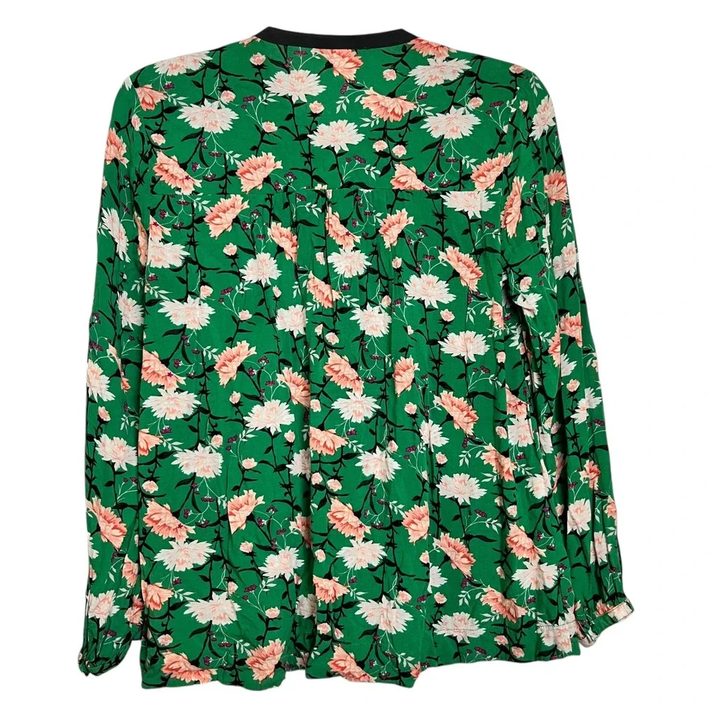Old Navy Green Floral Pintuck Tie Neck Long‎ Sleeve Blouse Top Women's XS (3120)